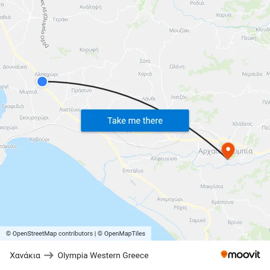 Chanakia to Olympia Western Greece map