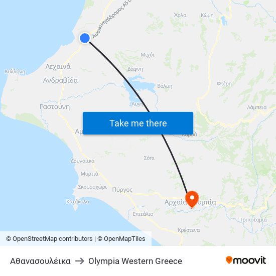 Αθανασουλέικα to Olympia Western Greece map