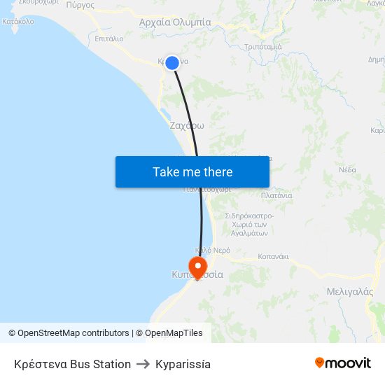 Κρέστενα  Bus Station to Kyparissía map