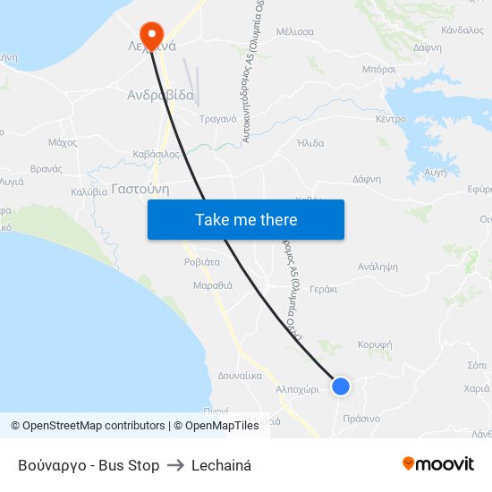 Βούναργο - Bus Stop to Lechainá map