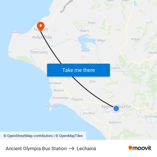 Ancient Olympia Bus Station to Lechainá map