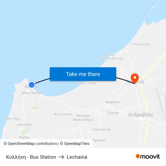 Κυλλήνη - Bus Station to Lechainá map