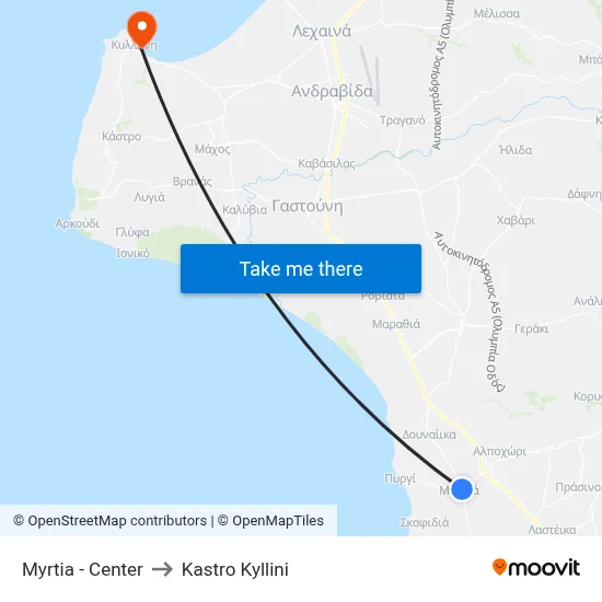 Myrtia - Center to Kastro Kyllini map