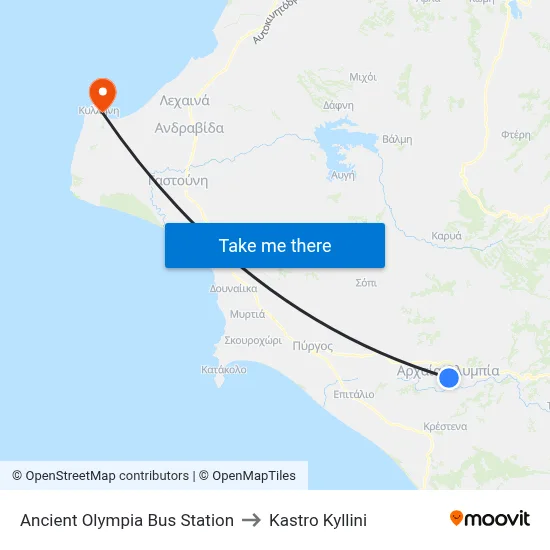 Ancient Olympia Bus Station to Kastro Kyllini map