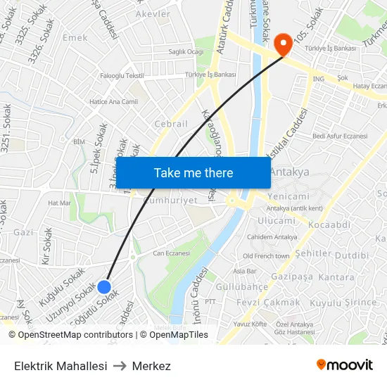 Elektrik Mahallesi to Merkez map