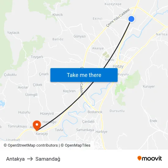 Antakya to Samandağ map