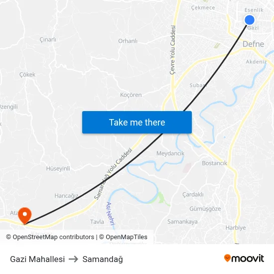 Gazi Mahallesi to Samandağ map