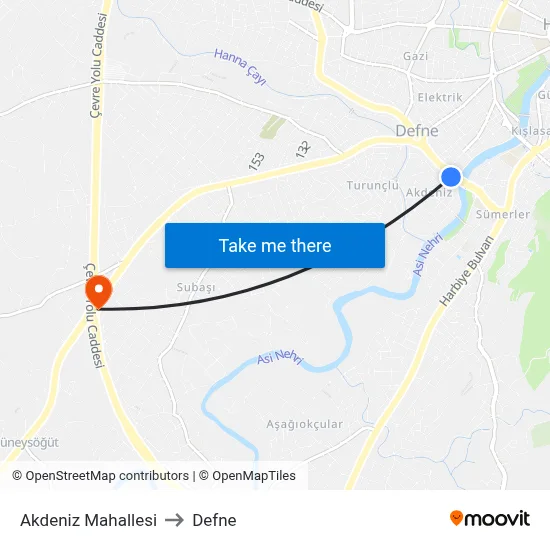 Akdeniz Mahallesi to Defne map
