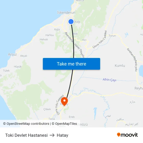 Toki Devlet Hastanesi to Hatay map