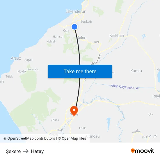 Şekere to Hatay map