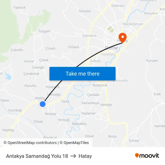 Antakya Samandağ Yolu 18 to Hatay map