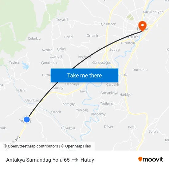 Antakya Samandağ Yolu 65 to Hatay map