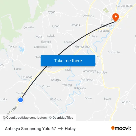 Antakya Samandağ Yolu 67 to Hatay map