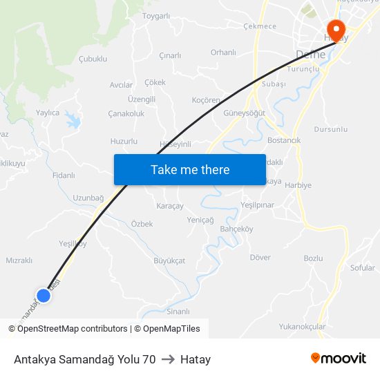 Antakya Samandağ Yolu 70 to Hatay map