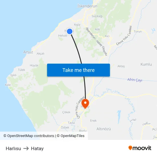 Harlısu to Hatay map