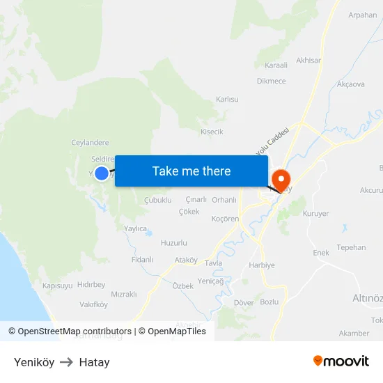 Yeniköy to Hatay map