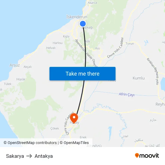Sakarya to Antakya map