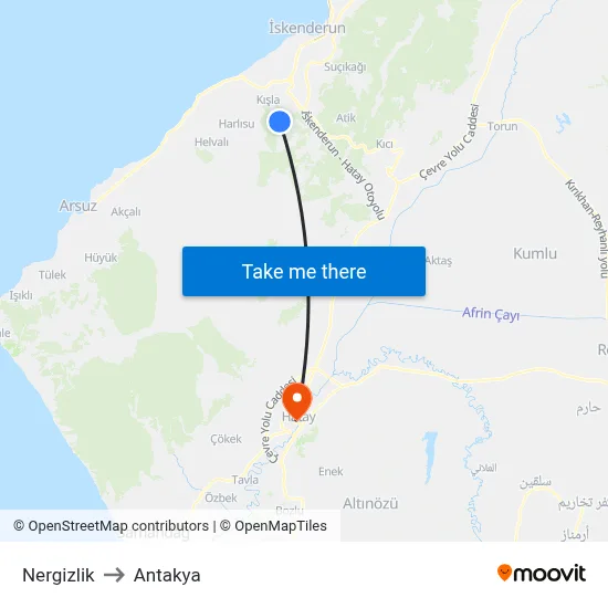 Nergizlik to Antakya map