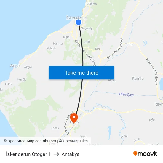 İskenderun Otogar 1 to Antakya map