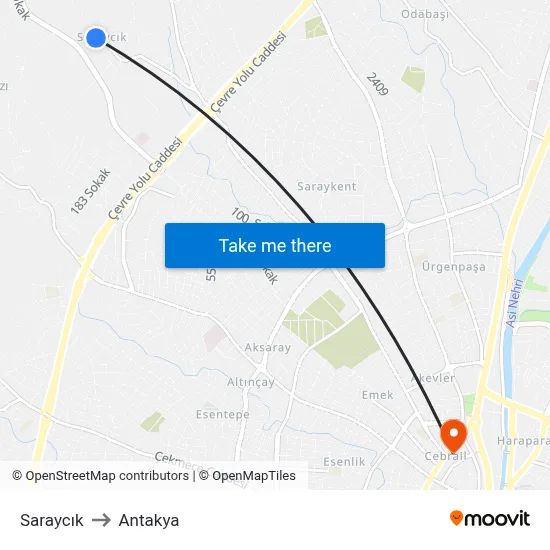 Saraycık to Antakya map