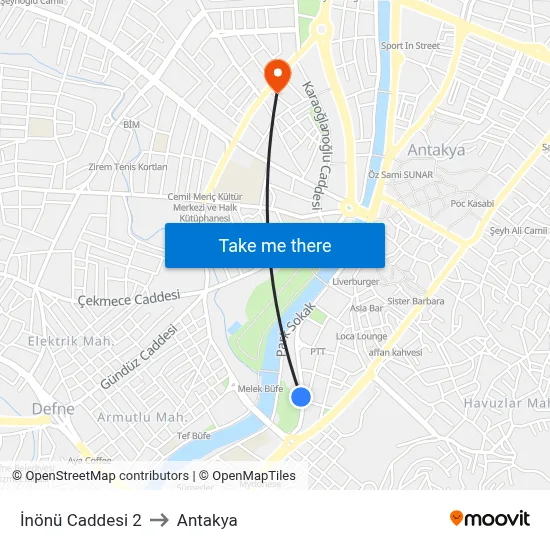 İnönü Caddesi 2 to Antakya map