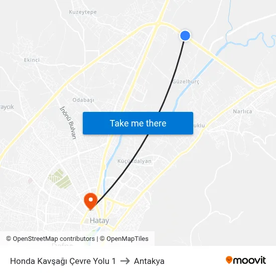 Honda Kavşağı Çevre Yolu 1 to Antakya map
