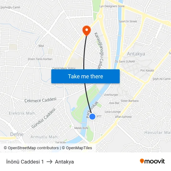 İnönü Caddesi 1 to Antakya map