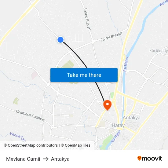 Mevlana Camii to Antakya map