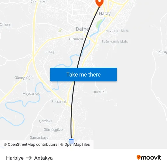 Harbiye to Antakya map