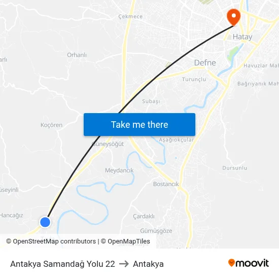 Antakya Samandağ Yolu 22 to Antakya map