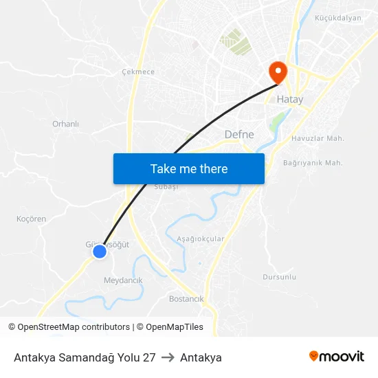 Antakya Samandağ Yolu 27 to Antakya map