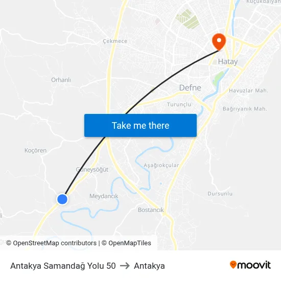 Antakya Samandağ Yolu 50 to Antakya map