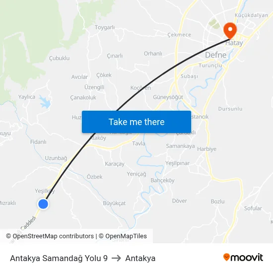 Antakya Samandağ Yolu 9 to Antakya map