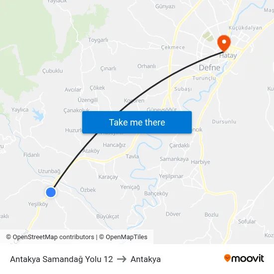 Antakya Samandağ Yolu 12 to Antakya map