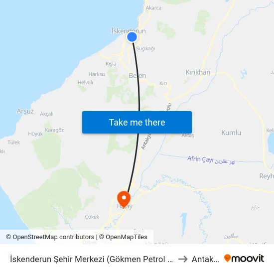 İskenderun Şehir Merkezi (Gökmen Petrol Önü) to Antakya map