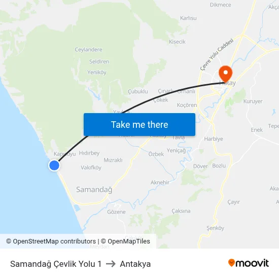 Samandağ Çevlik Yolu 1 to Antakya map