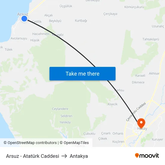 Arsuz - Atatürk Caddesi to Antakya map