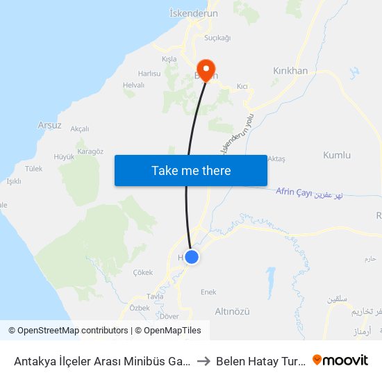 Antakya İlçeler Arası Minibüs Garajı 2 to Belen Hatay Turkey map