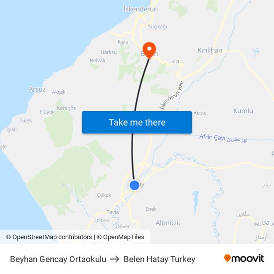 Beyhan Gencay Ortaokulu to Belen Hatay Turkey map