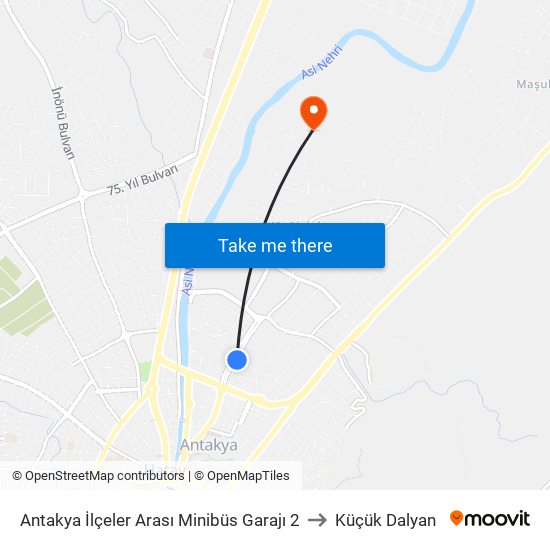 Antakya İlçeler Arası Minibüs Garajı 2 to Küçük Dalyan map