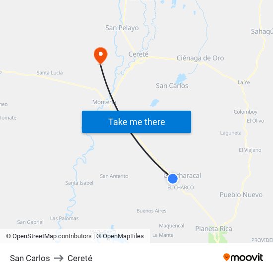 San Carlos to Cereté map