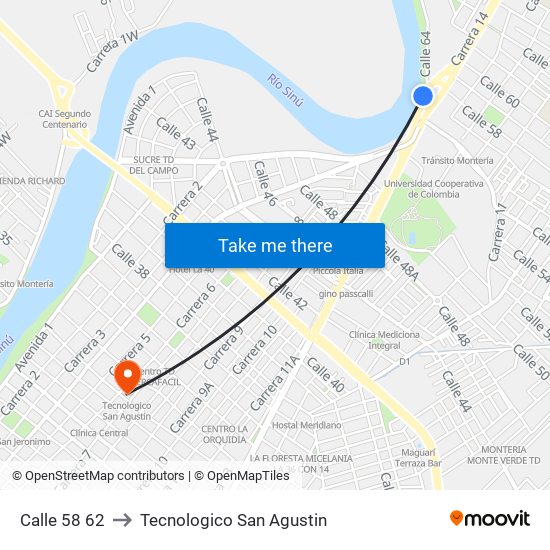 Calle 58 62 to Tecnologico San Agustin map