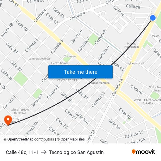 Calle 48c, 11-1 to Tecnologico San Agustin map