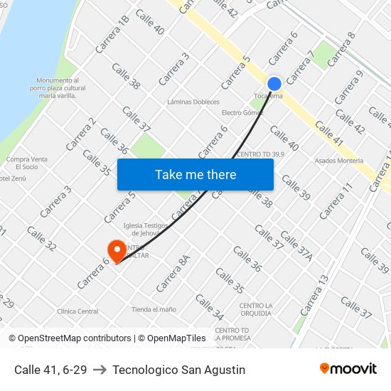 Calle 41, 6-29 to Tecnologico San Agustin map