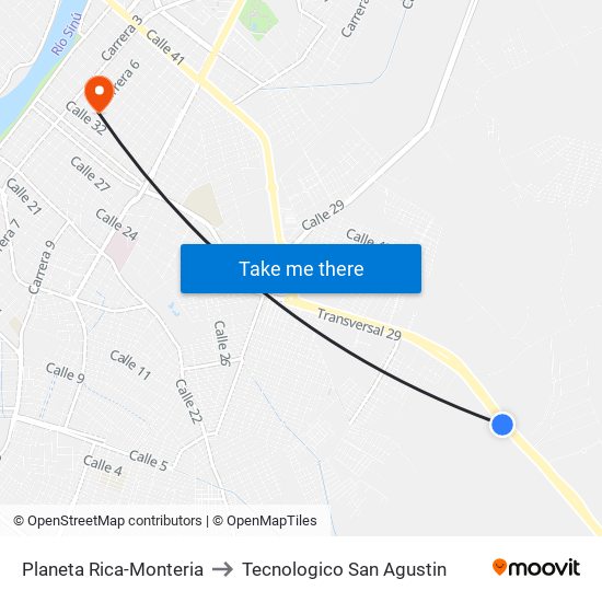 Planeta Rica-Monteria to Tecnologico San Agustin map