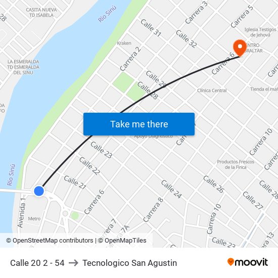 Calle 20 2 - 54 to Tecnologico San Agustin map