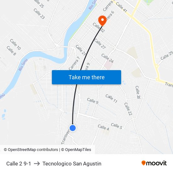 Calle 2 9-1 to Tecnologico San Agustin map