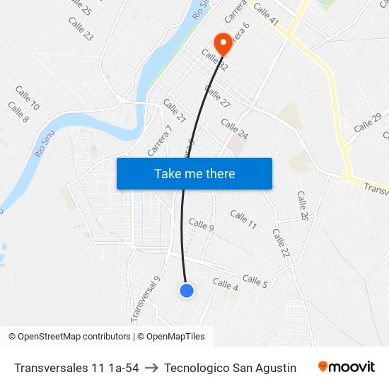 Transversales 11 1a-54 to Tecnologico San Agustin map