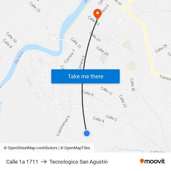 Calle 1a 1711 to Tecnologico San Agustin map