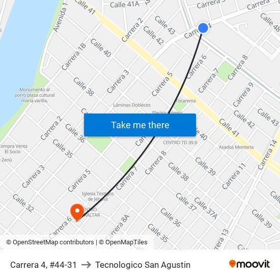 Carrera 4, #44-31 to Tecnologico San Agustin map